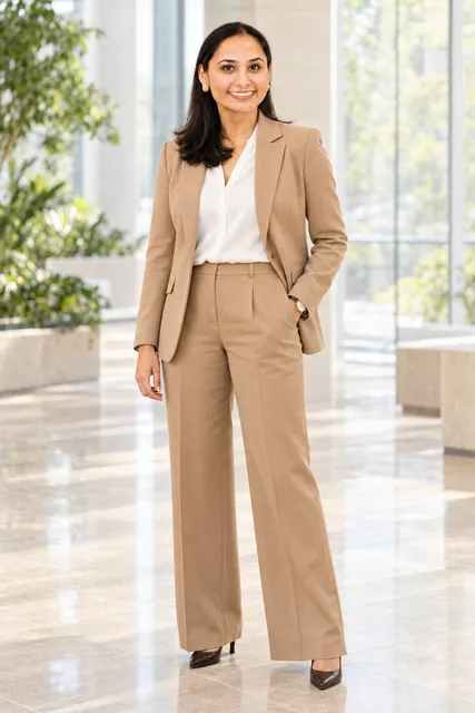 Raj Kiran Kaur in a camel suit in an atrium