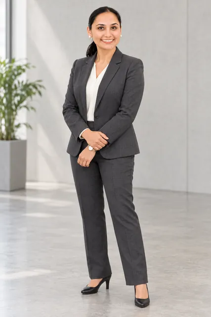 Raj Kiran Kaur in a charcoal suit, full length