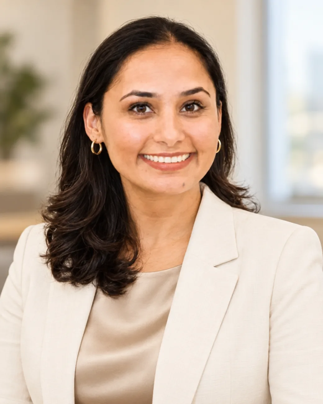 Raj Kiran Kaur in a cream blazer, office portrait