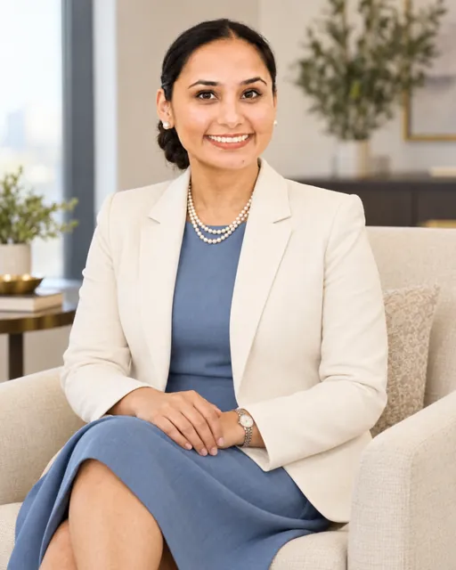 Raj Kiran Kaur seated, ivory jacket and blue dress
